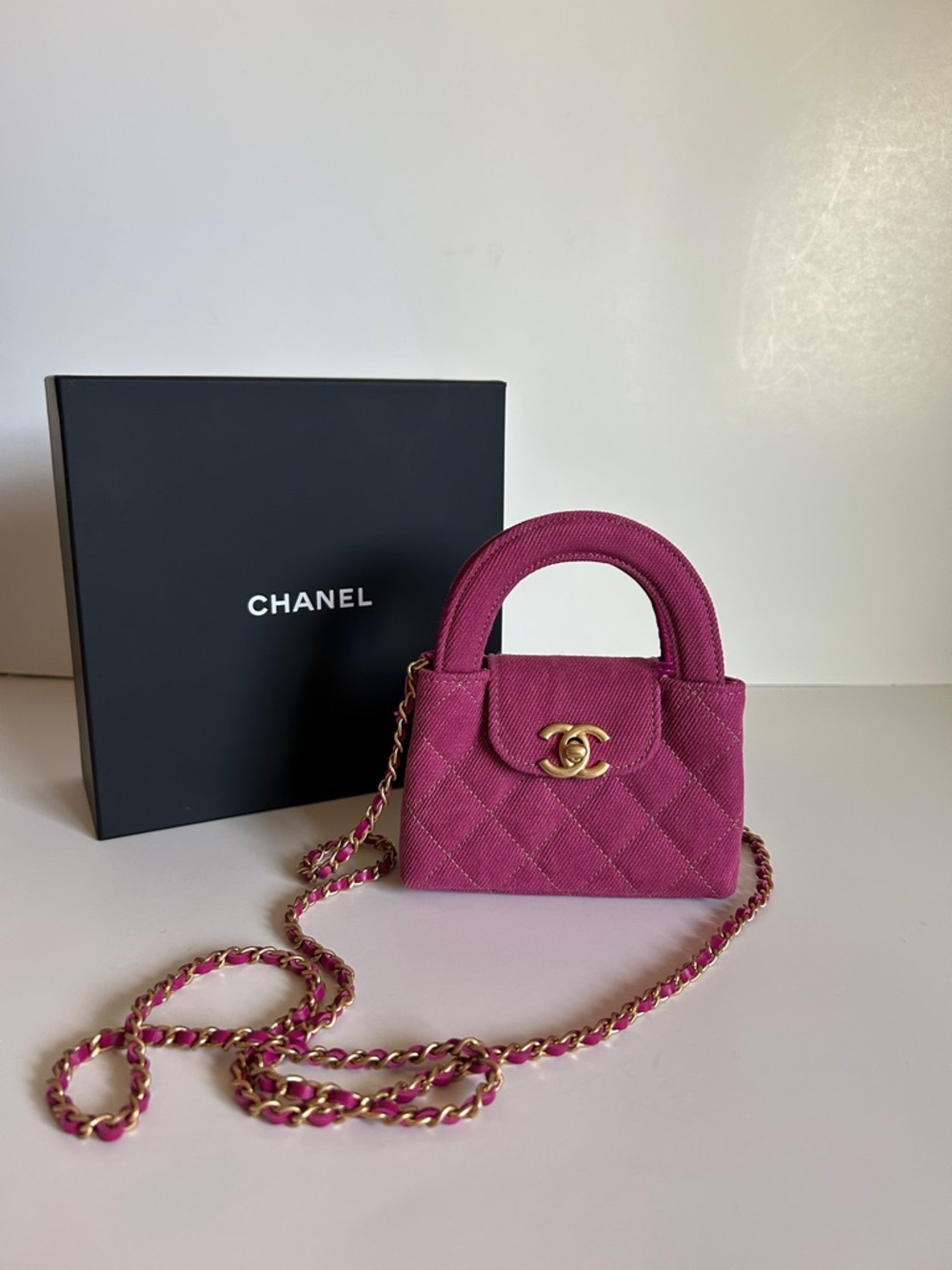 CHANEL Fuchsia DENIM NANO KELLY with Gold Hardware